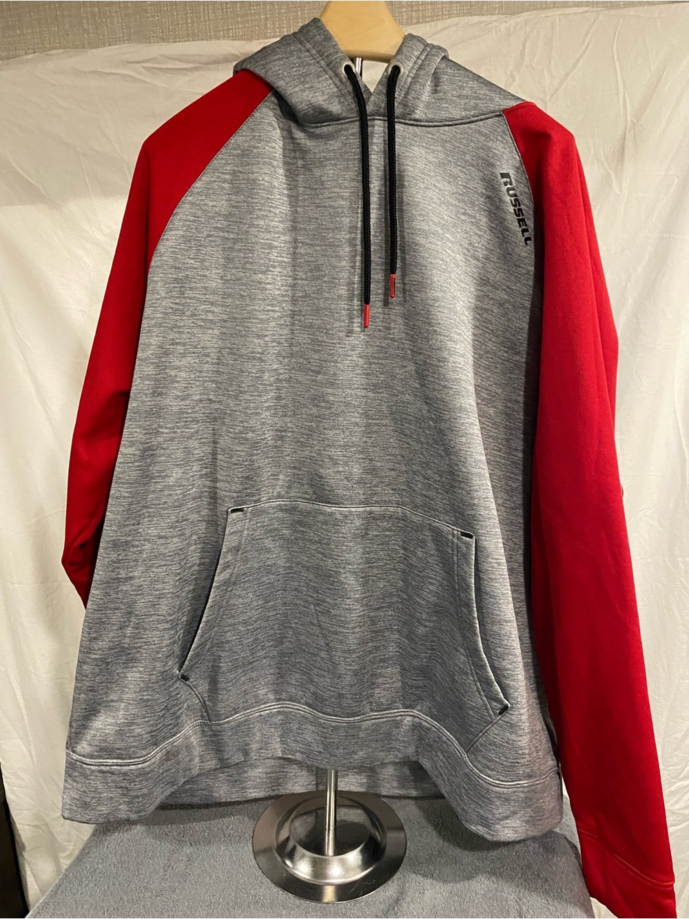 Russell Athletic Grey Heather Hoodie with Red Raglan Sleeves